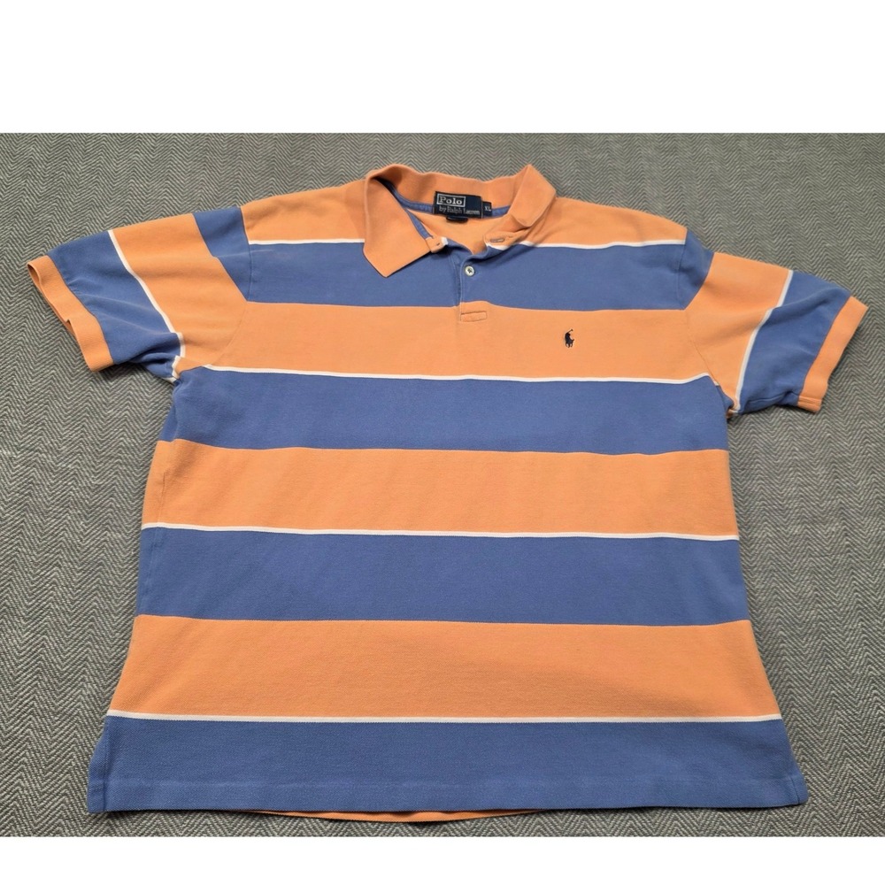 Polo Ralph Lauren Mens XL Orange Blue Striped Pique Short Sleeve Polo Shirt‎